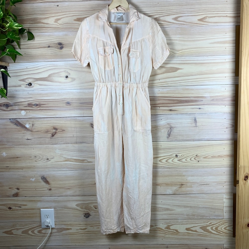 Steele Jumpsuit Women M Peach‎ Striped Linen Utility Short Sleeve Romper UO